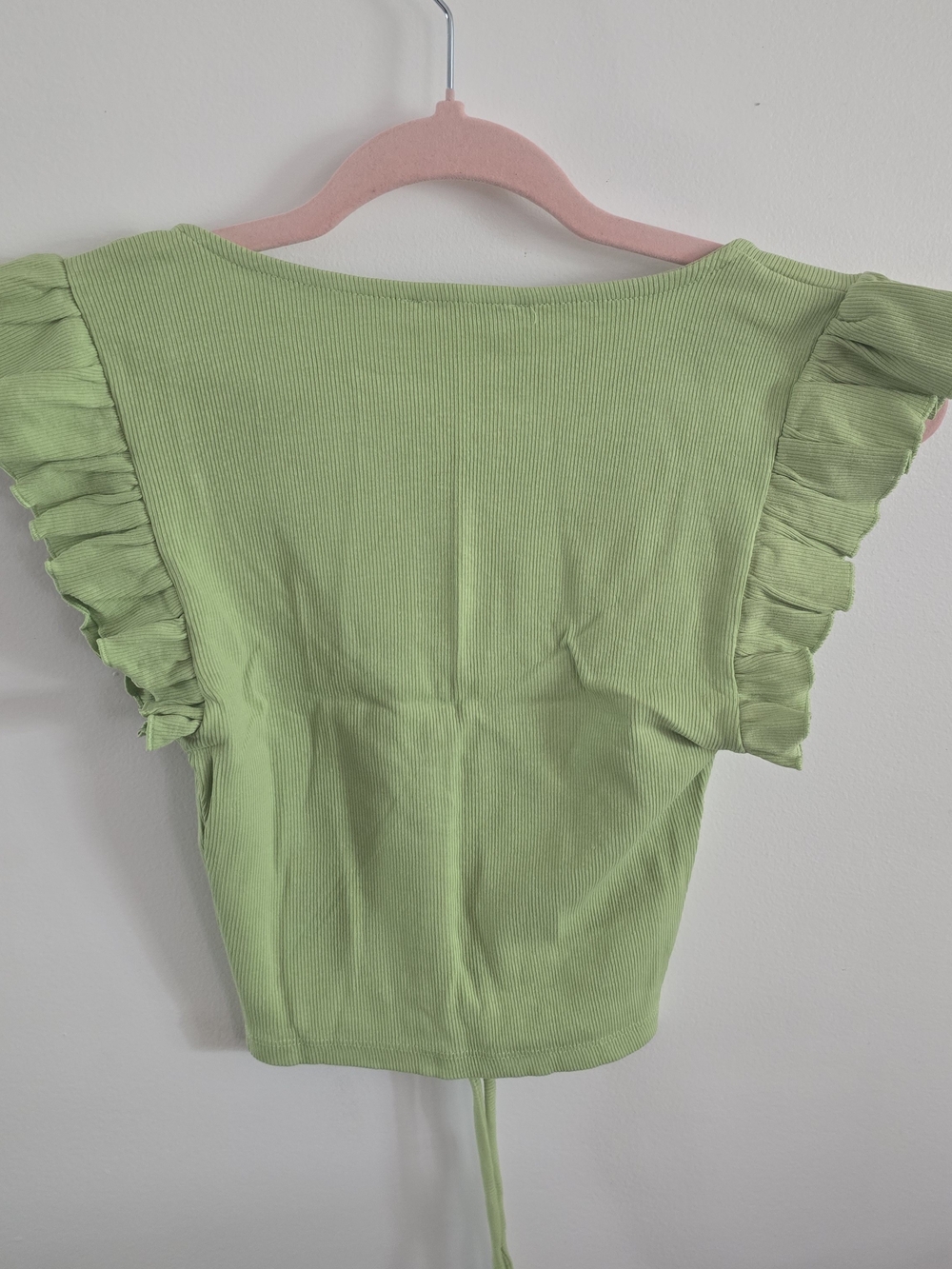 ZARA Lime Green Ribbed Ruffle Sleeve Crop Top Small S Ruched Drawstring V-Neck - Picture 3 of 8